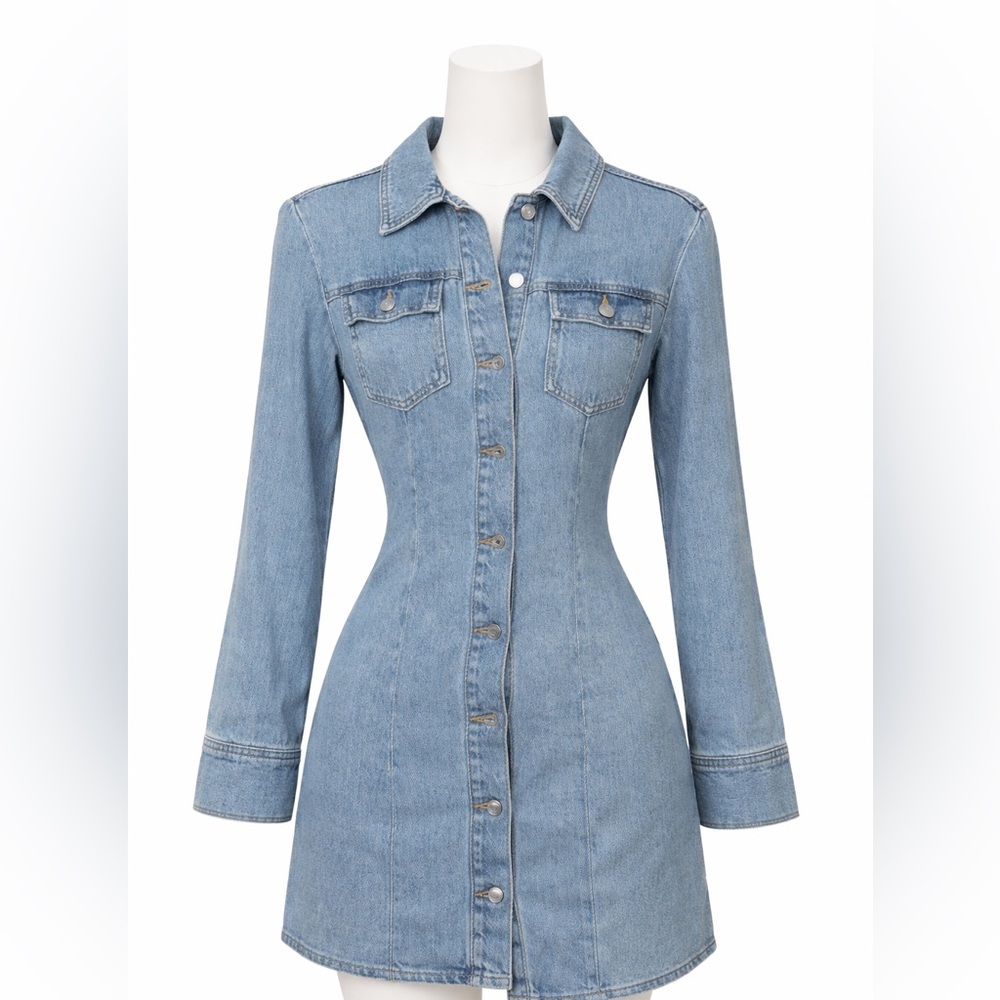 Zara Light Blue Denim Button-Front Long Sleeve Dress